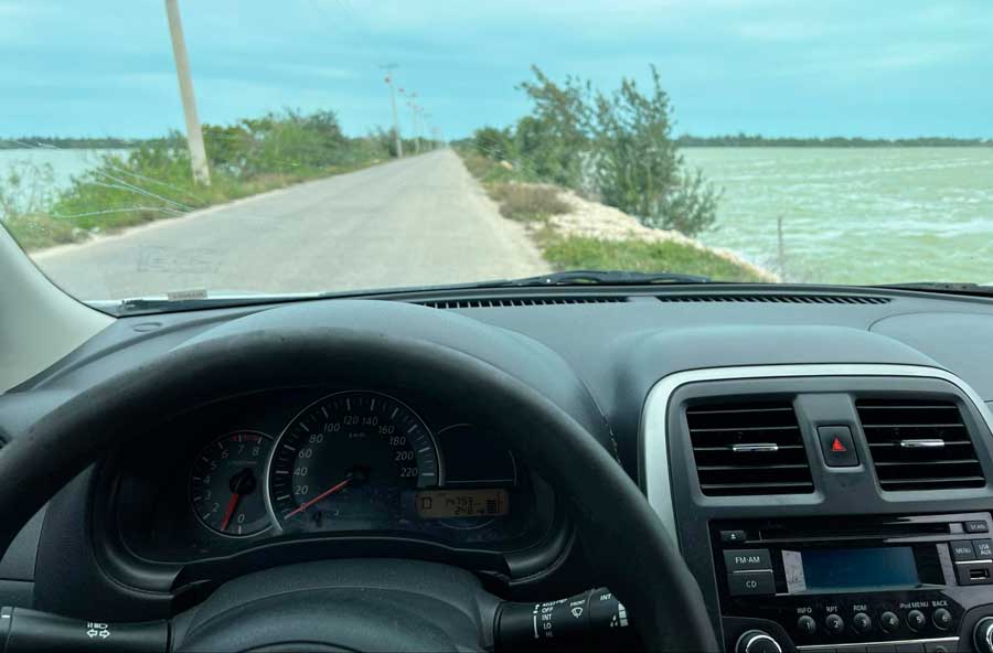 View from the driver's seat while driving in El Cuyo