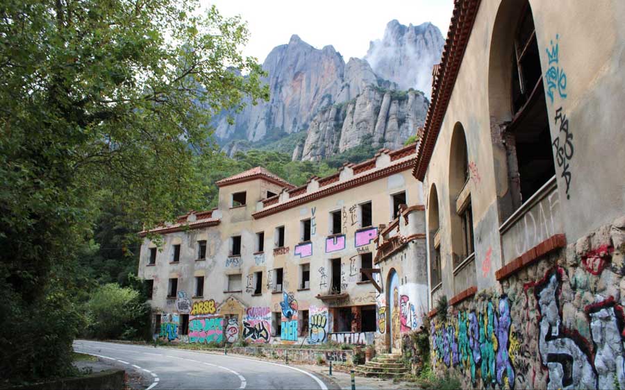 View of a building during a drive to Abbey of Montserrat