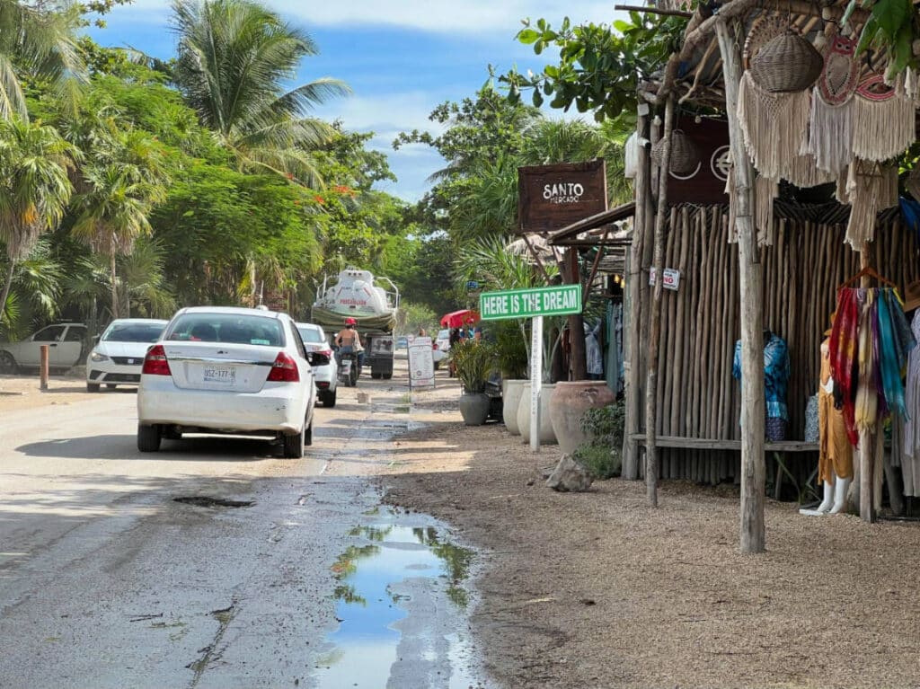 View of cars going to Tulum Beach in Mexico