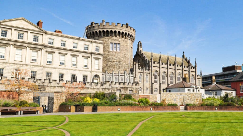 Panoramic view of Dublin Castle from Dubh Linn Garden on a sunny day