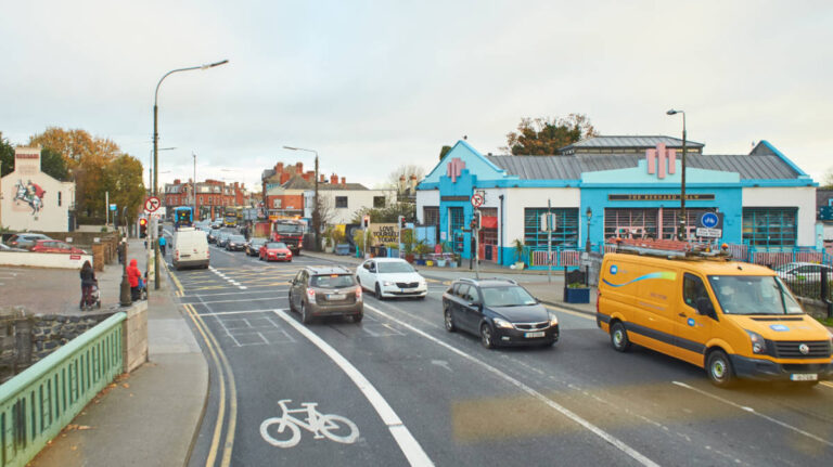 View of a bustling Dublin street filled with cars