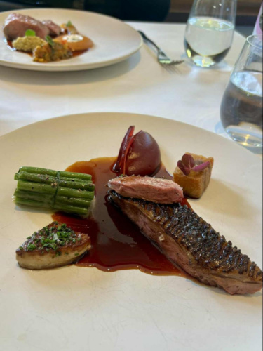 Closeup look of a plate of duck with foie gras