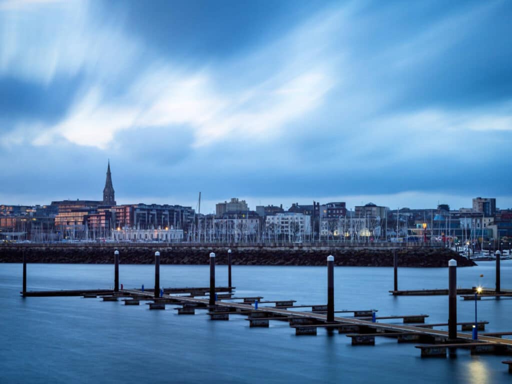 Panoramic view of the Dun Laoghaire harbor during sunrise