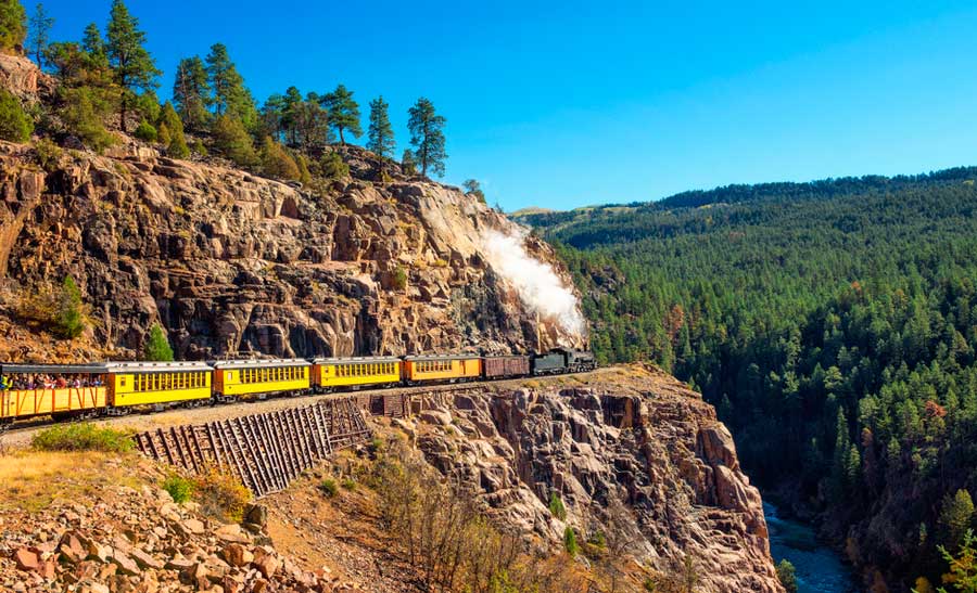View of a train travelling in Durango and Silverton Narrow Gauge Railroad