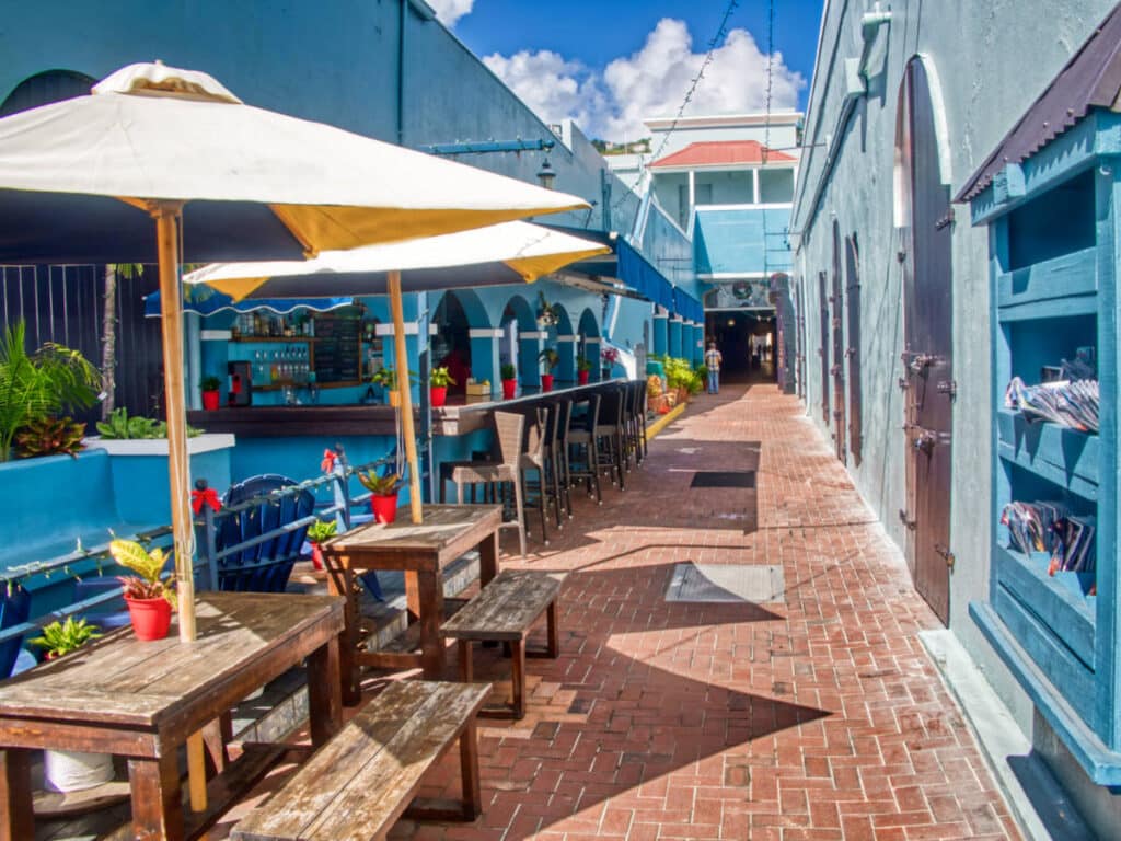 View of the Duty-free shops lined on the side of the streets of Charlotte Amalie