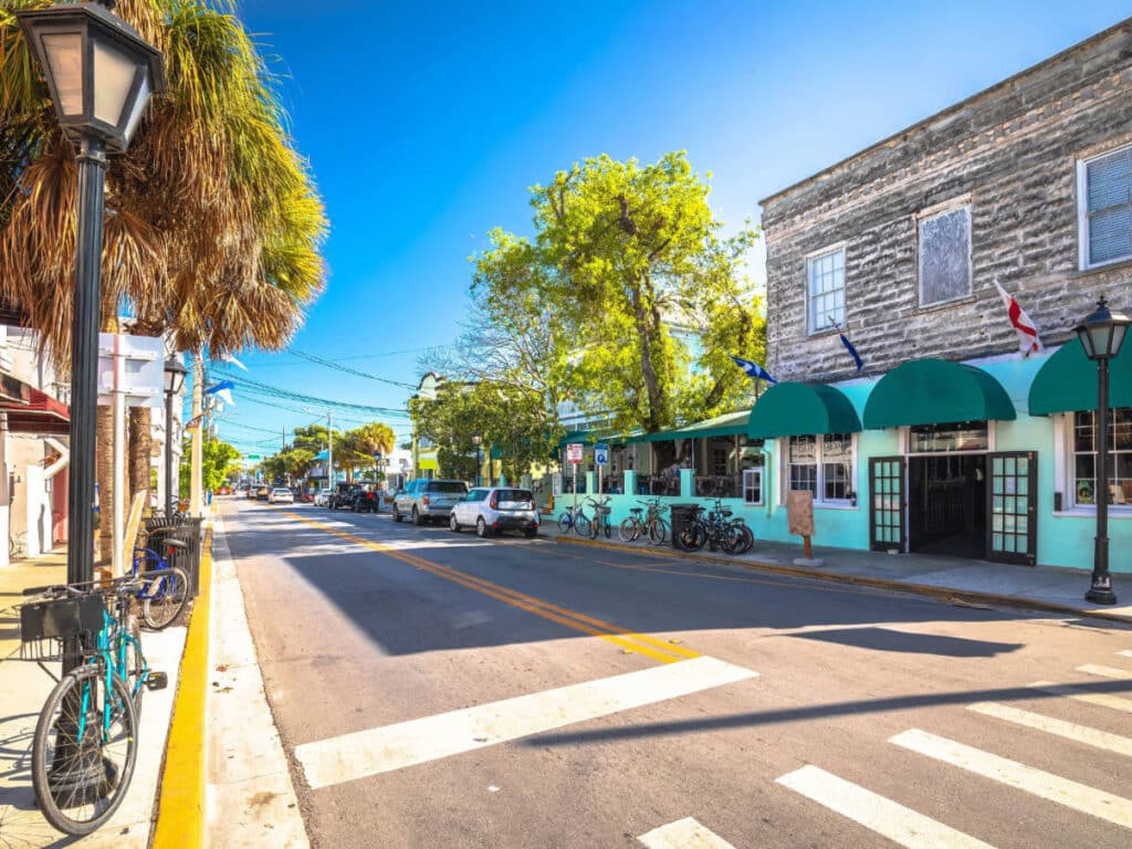 Clear blue sky over the buildings at Duval Street