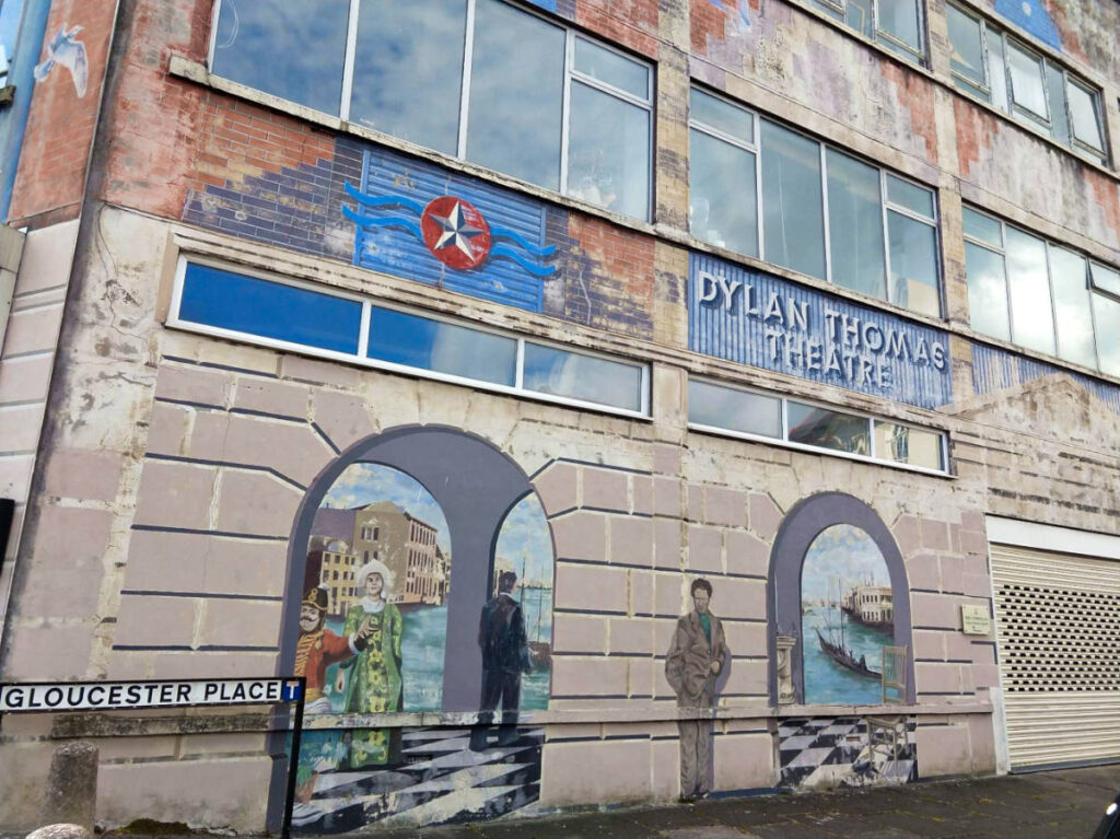 View of the 3D mural on the exterior of Dylan Thomas Theatre