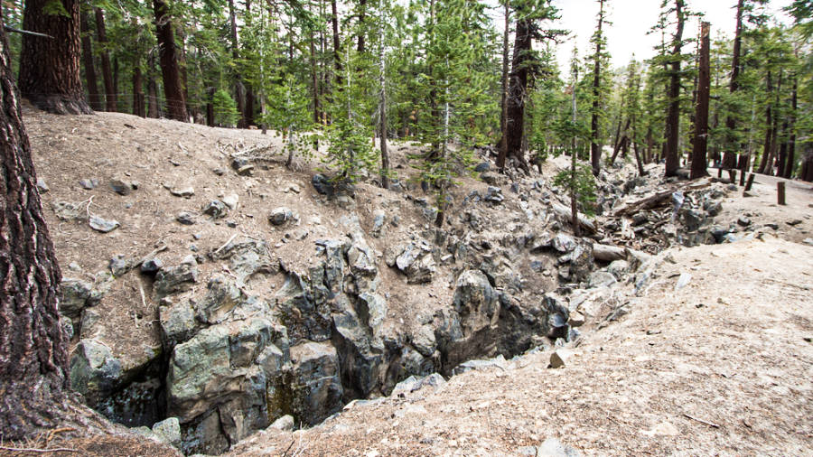 View of an earthquake fault line located in the deep forest of Mammoth Lakes, California