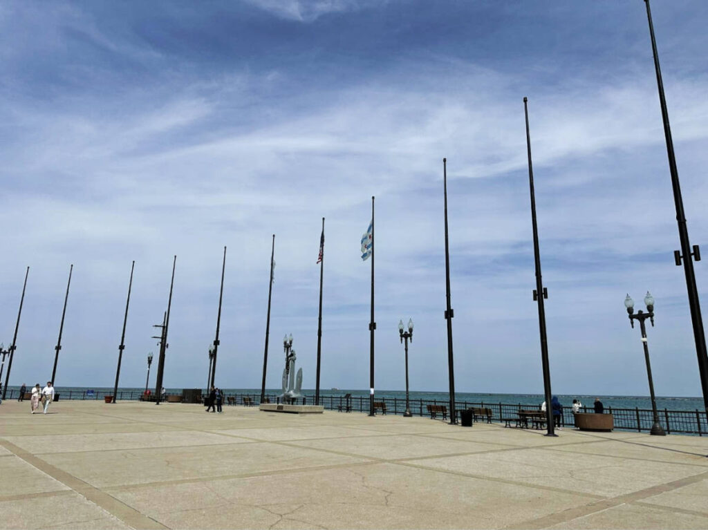 View of flag poles at the East End Plaza