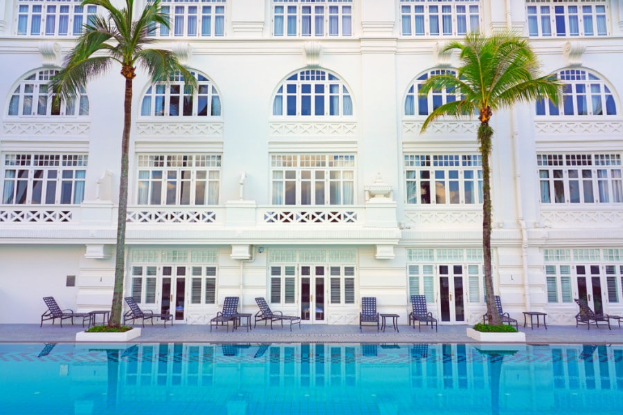 View of the pool and exterior at the Eastern and Oriental Hotel Penang