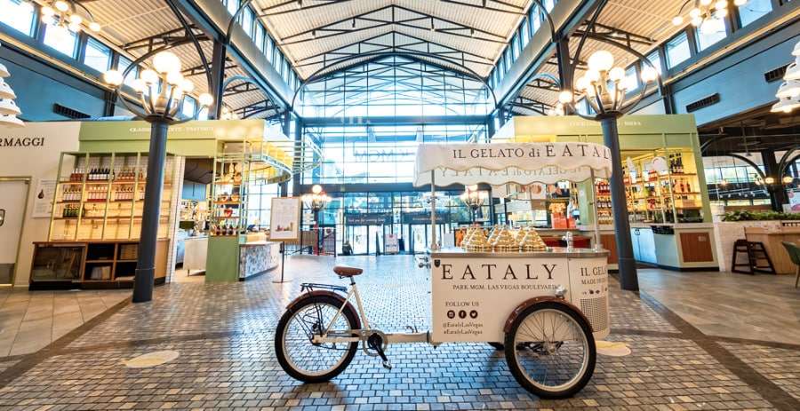 An extraordinary Italian food court with an Eataly food cart inside the Park MGM hotel