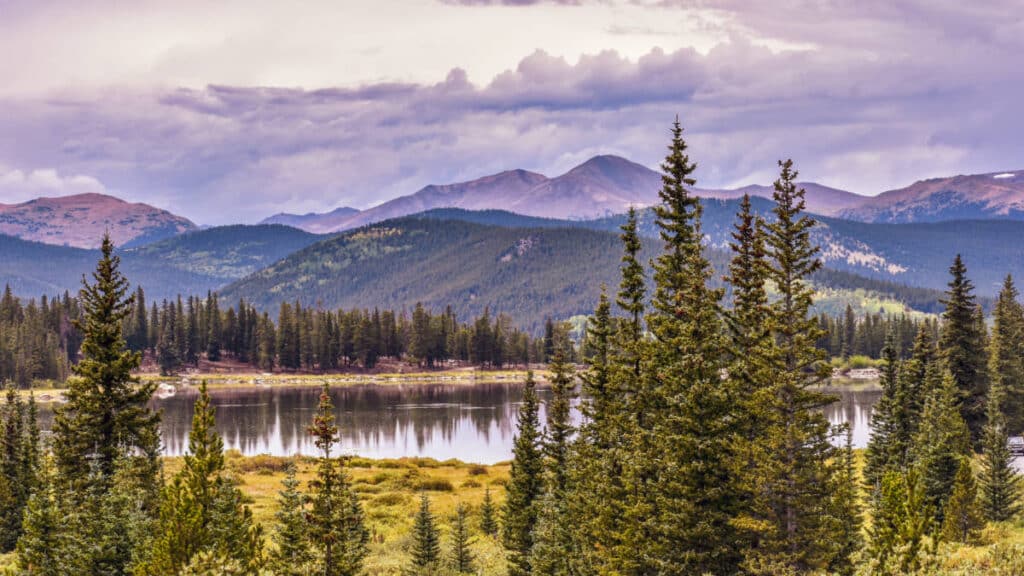 Scenic panoramic view of the Echo Lake Mountain Park with purple skies