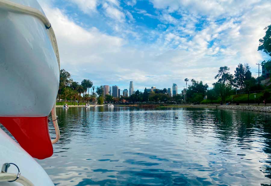 View while riding a swan boat in Echo Park Lake