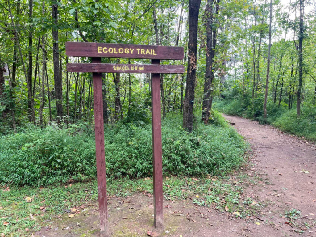 An Ecology Trail sign on the unpaved trail on Shelby Bottom Greenway