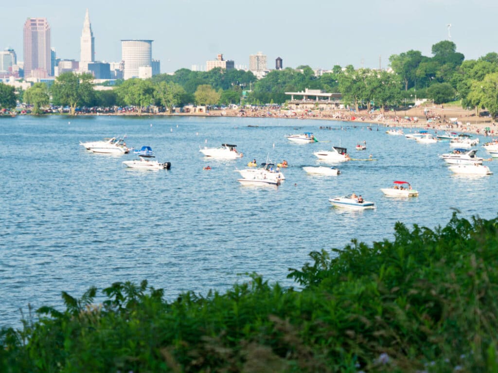 Aerial view of the boats at the Edgewater Park and the Cleveland skyline in the background