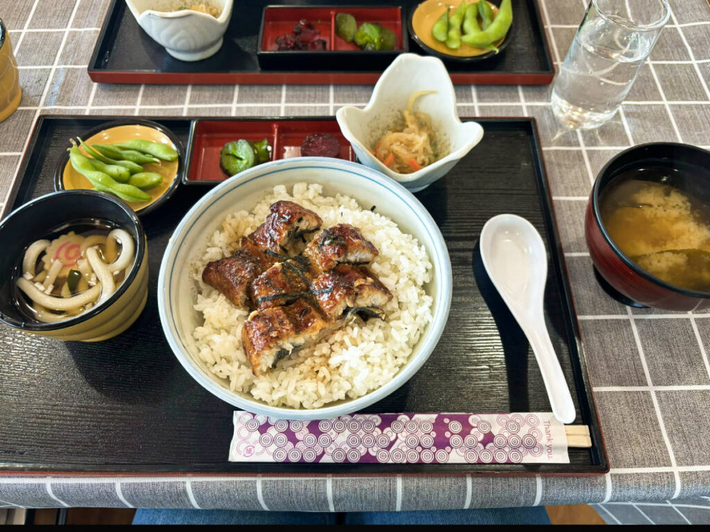 View of the sliced grilled eel on top of the rice with soup and side dishes on the side