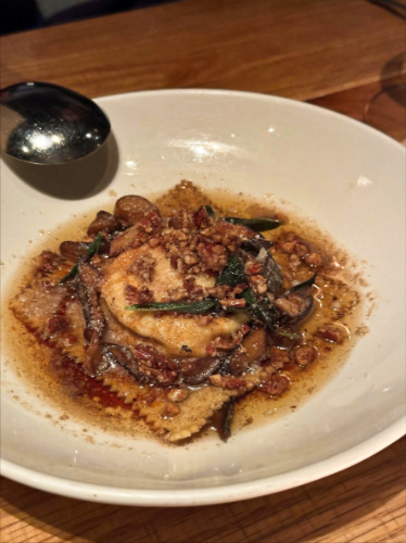 Closeup look of the egg yolk raviolo
