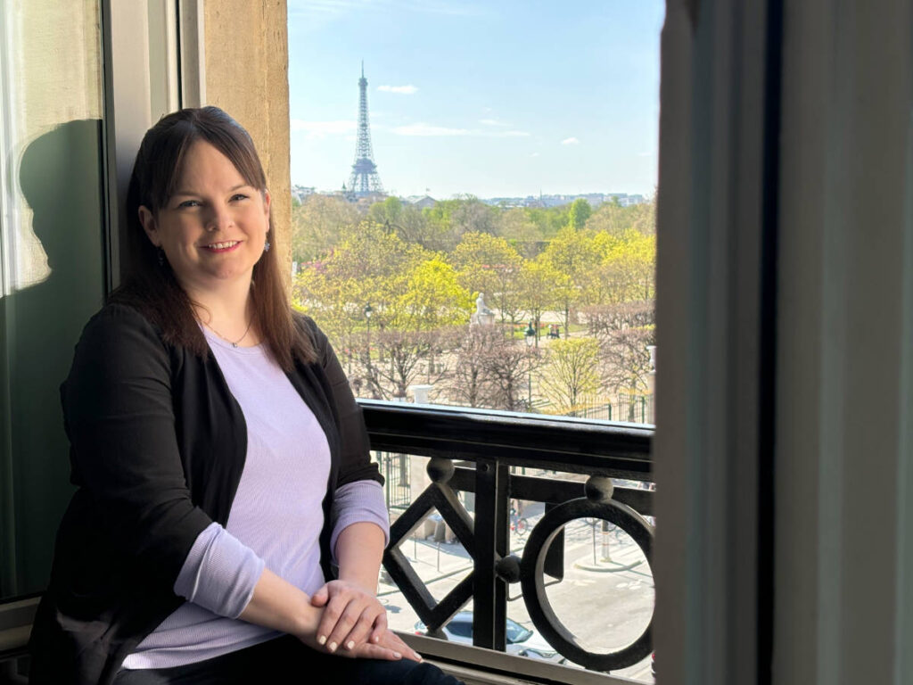The author Rachel Kapelke-Dale on her hotel room at Hotel Regina Louvre
