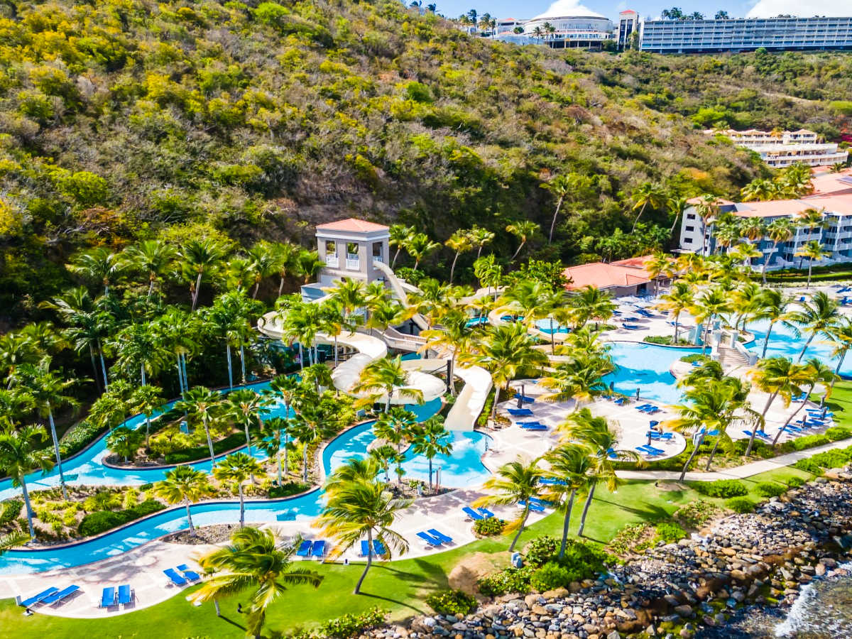 Aerial view of the slides and the pool area at the Coqui water park of El Conquistador Resort
