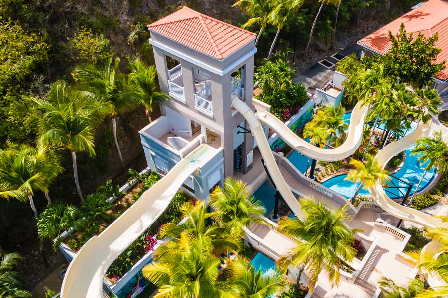Aerial view of water slides in El Conquistador Resort