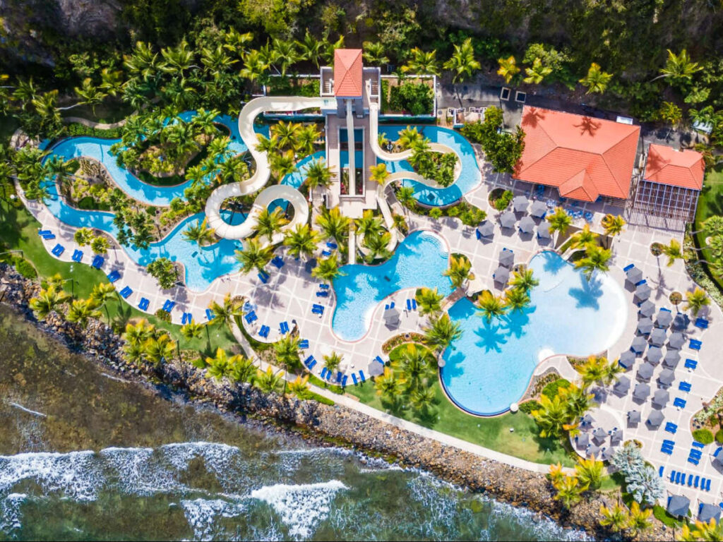 Aerial view of the slides and the pool area at the Coqui water park of El Conquistador Resort