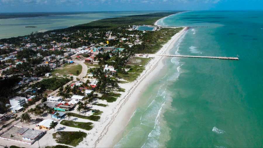 Aerial view of the white sand in El Cuyo Beach