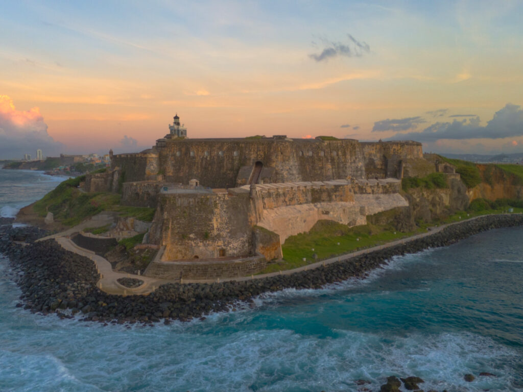 Aerial view of El Morro Fort at sunset