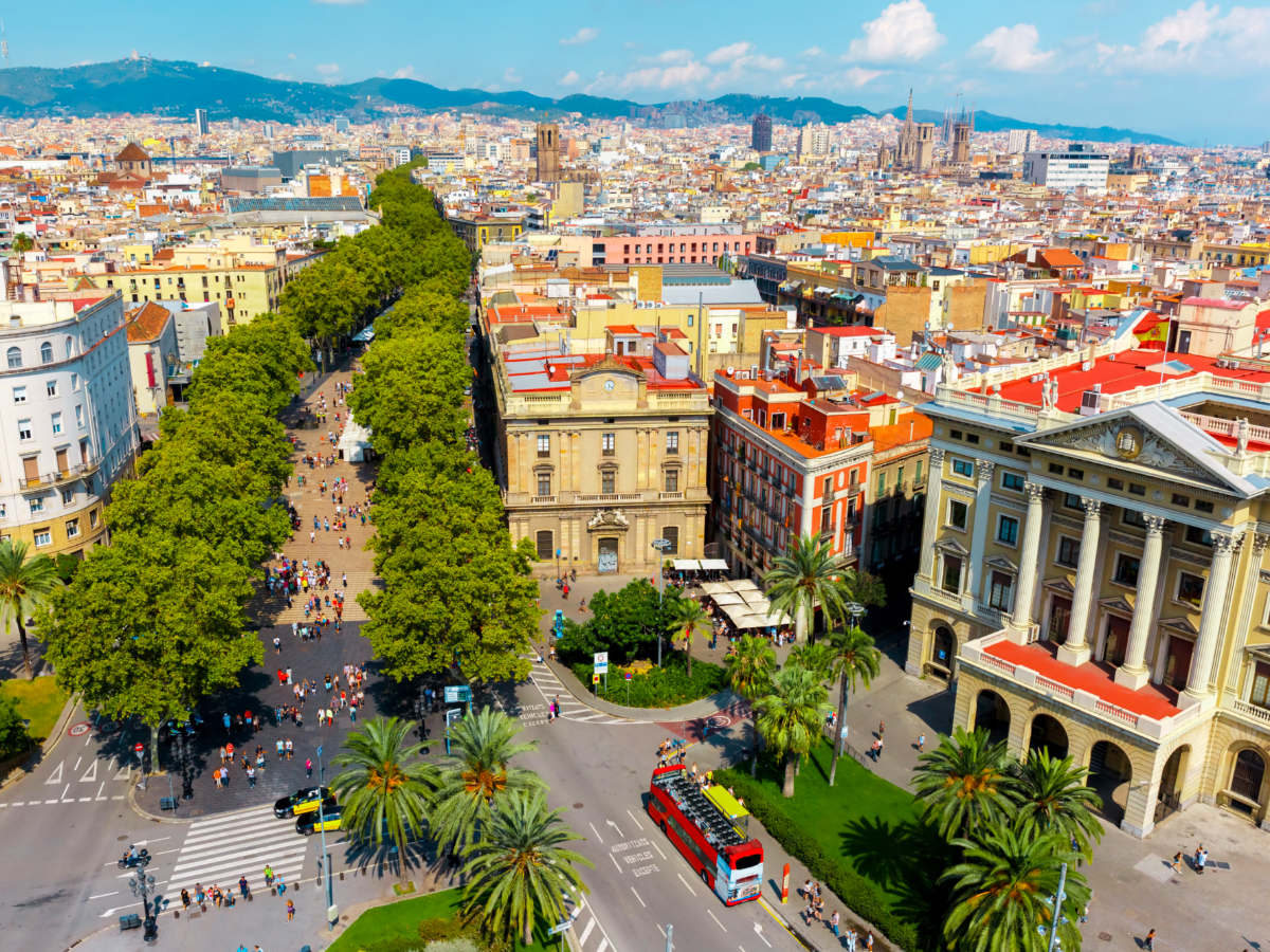 Aerial view over La Rambla from Christopher Columbus monument, with quarters of El Raval seen