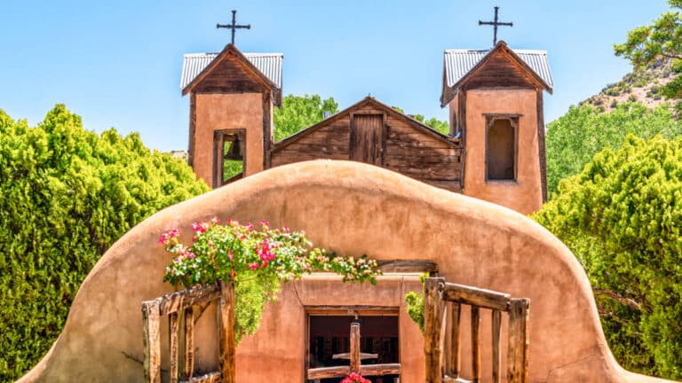 Façade of the historic adobe El Santuario de Chimayo sanctuary church