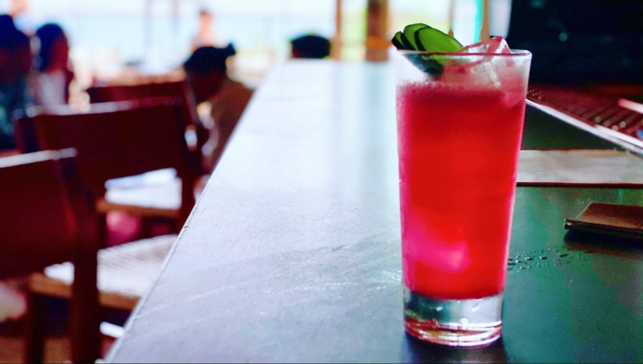 A glass of red cocktail topped with ice and slices of lime in Elephante