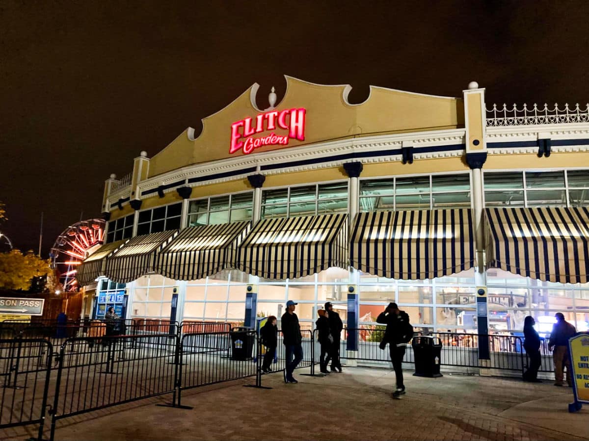 Exterior view of the Elitch Gardens at night
