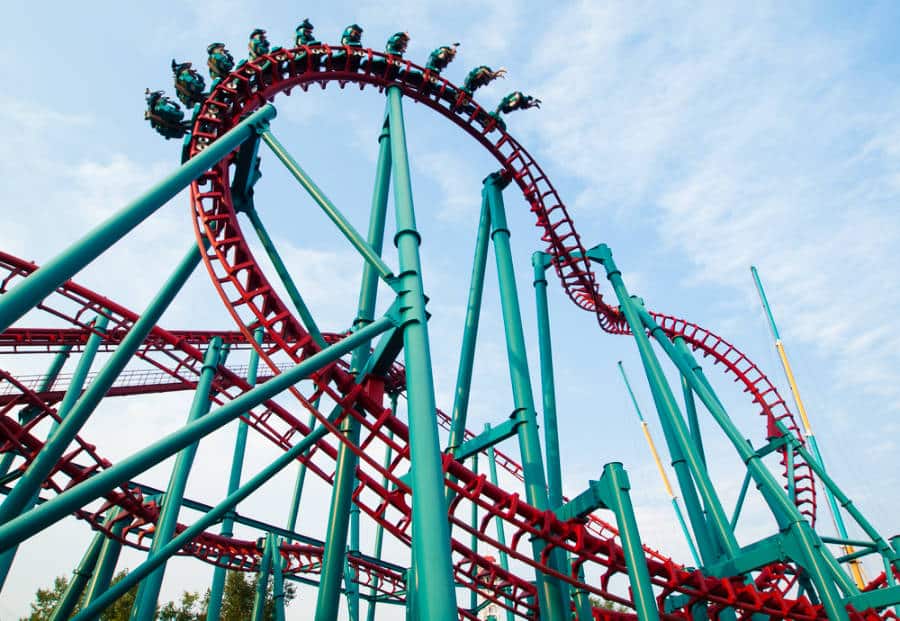 View of the roller coaster loops from below in Elitch Gardens Theme & Water Park