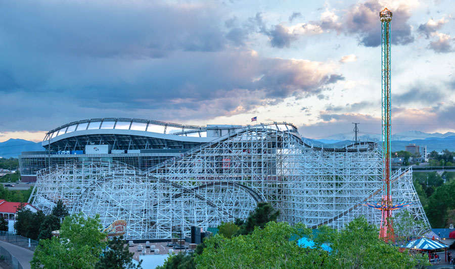 View of the rollercoaster from afar in Elitch Gardens Theme & Water Park