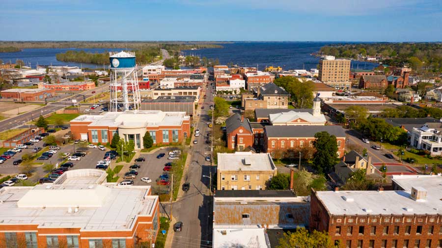 Aerial view of a neighborhood in Elizabeth City