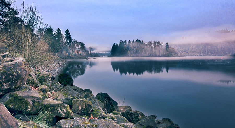 View of the river and Elk Rock Island at dawn