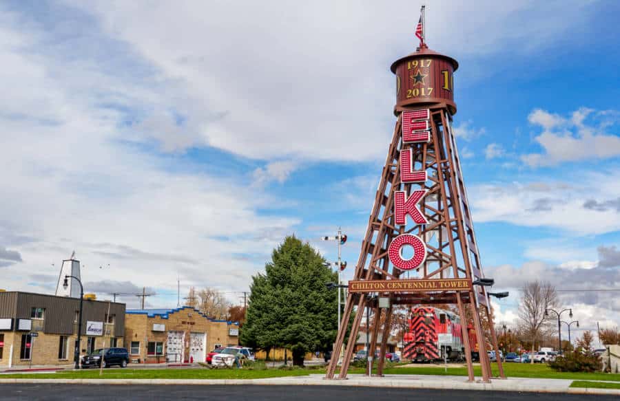 View of the Chilton Centennial Tower with the letterings of Elko
