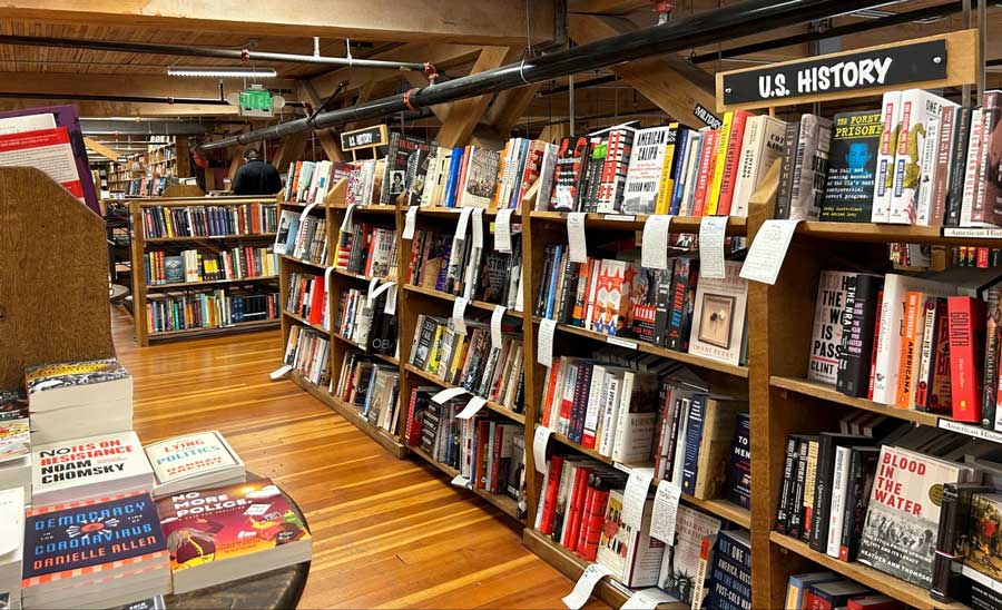 Books on shelves inside the Elliott Bay Bookstore