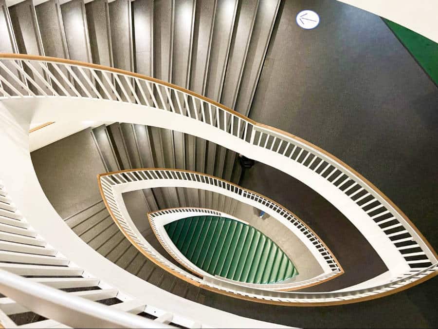 View from above of the iconic ellipsoid stairwell in MCA