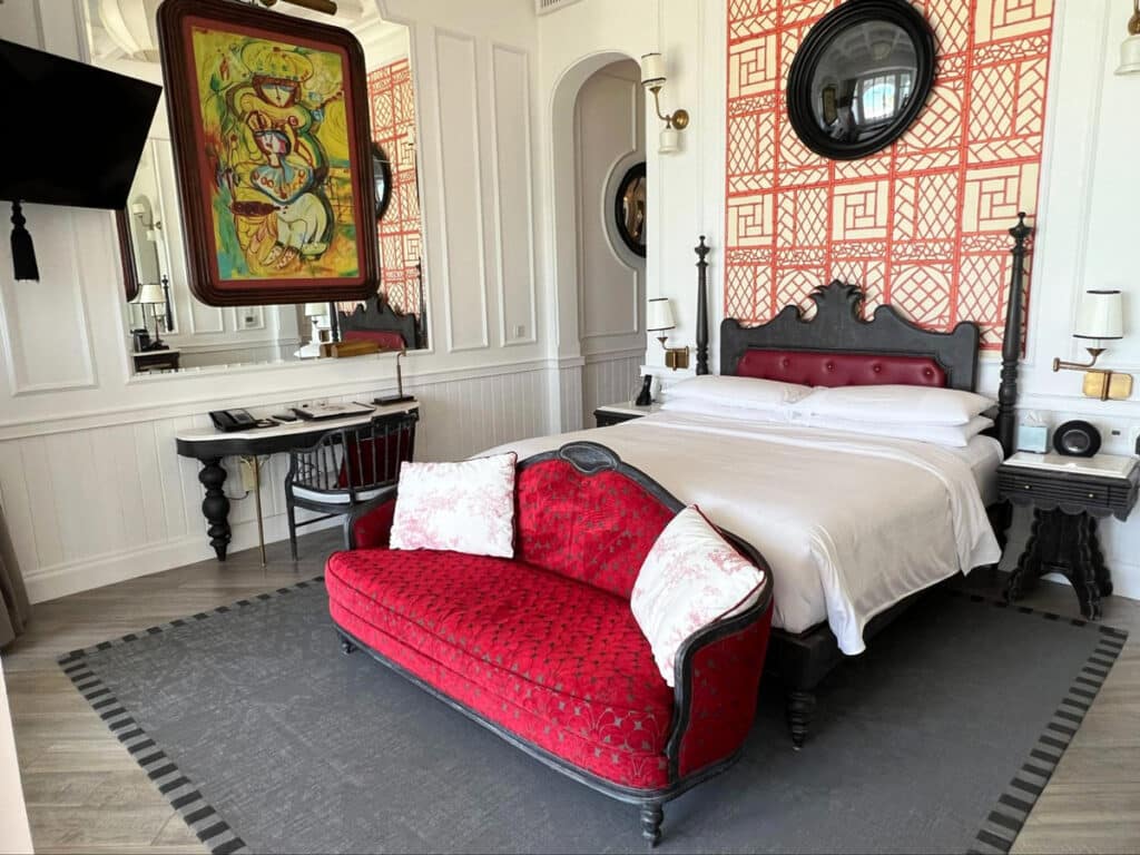 View of the bedroom at the Emerald Bay View Room in the Department of Fine Arts