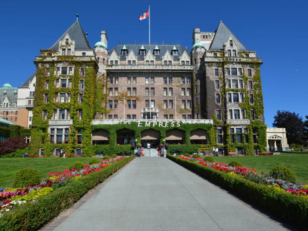 Clear blue sky over the Empress Hotel in Victoria