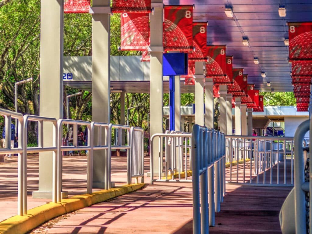 View of the empty bus area and waiting line at the entrance of Disney World Amusement Park