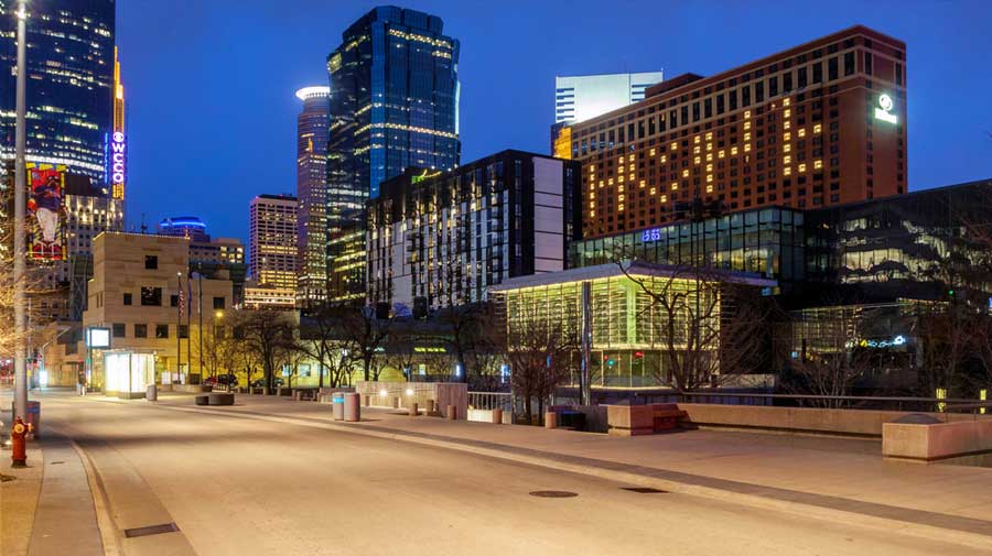 View of an empty and quiet Downtown Minneapolis