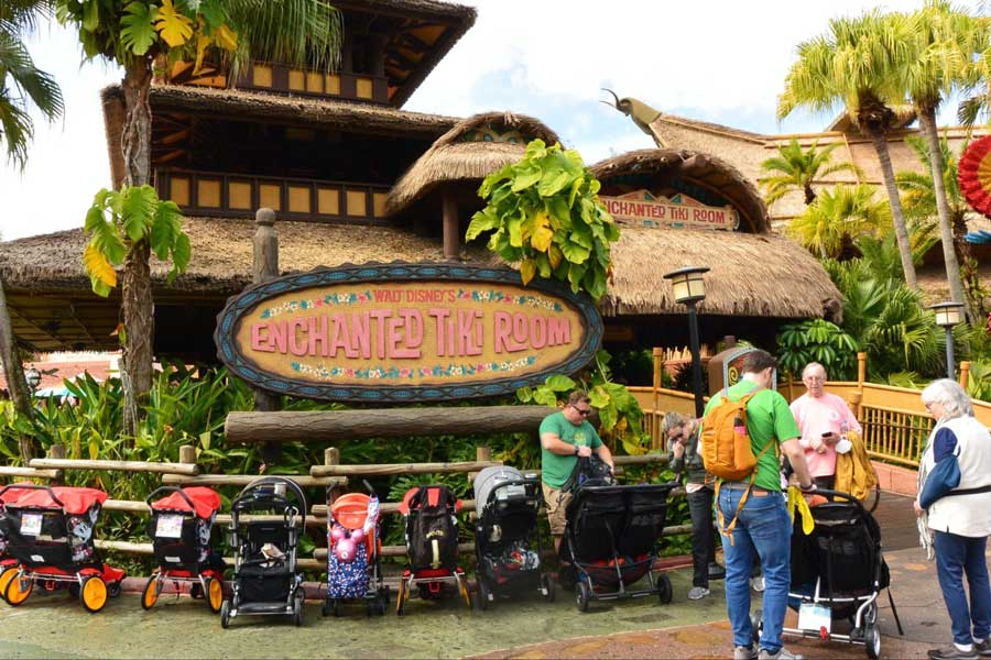 Stroller lined up in Enchanted Tiki Room