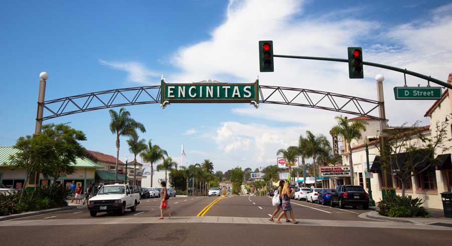View of a welcoming sign in Encinitas
