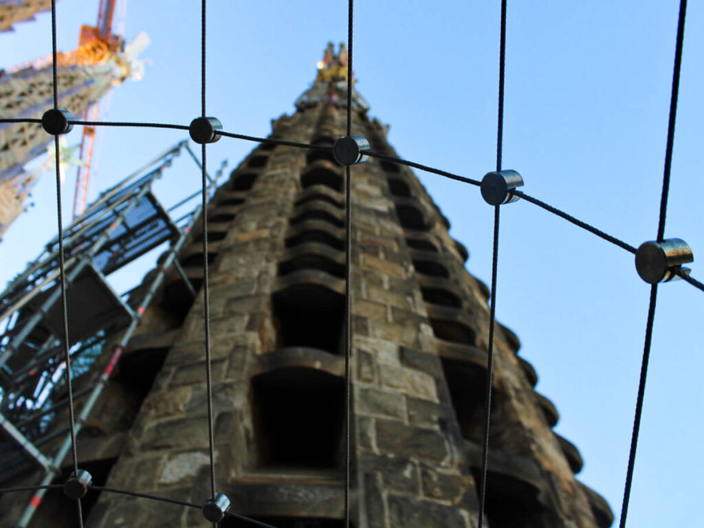View of the Nativity Tower from the bottom at the  enclosed walkway