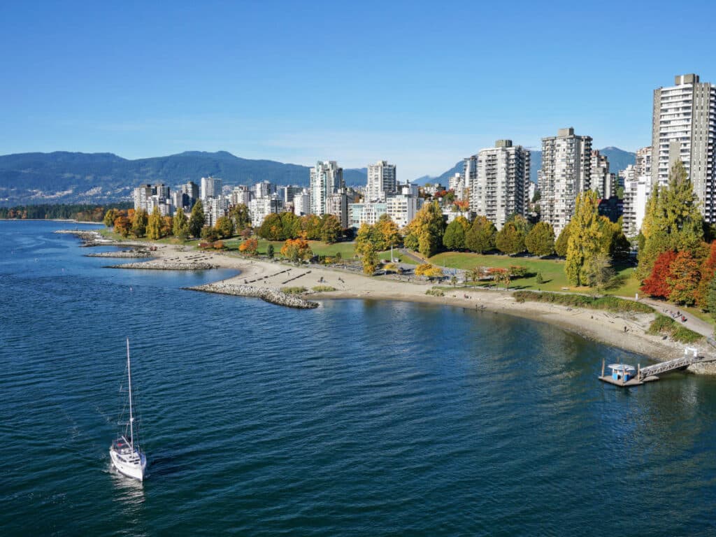 Aerial view of a sailing boat at the English Bay