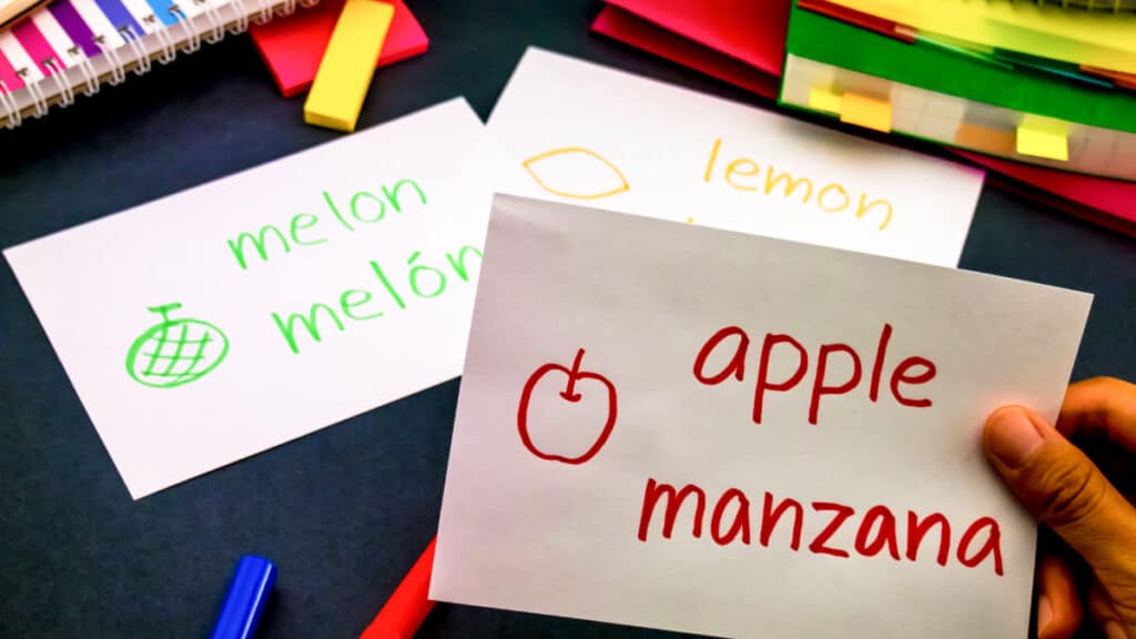 Flashcards with English and Spanish words