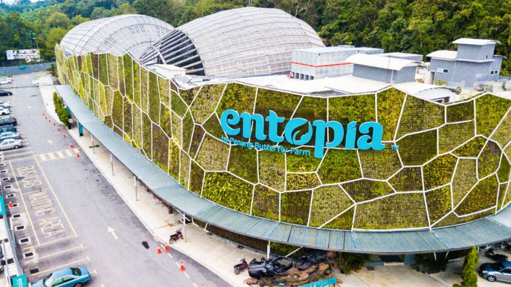 Aerial view of the great architectural structure of Entopia Butterfly Garden Exterior