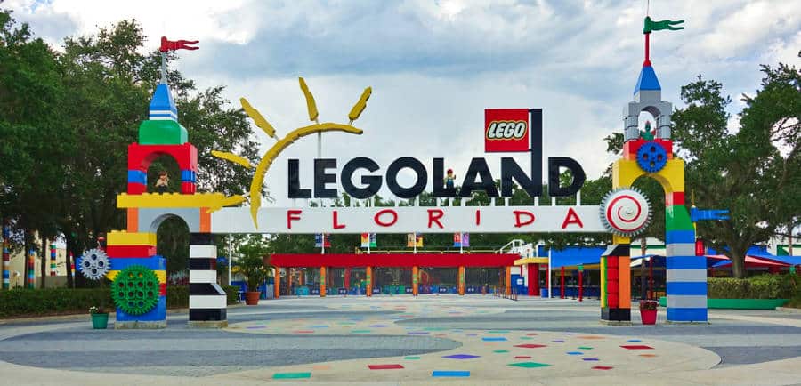 View to the entrance with the sign of Legoland Florida Resort theme park in Orlando