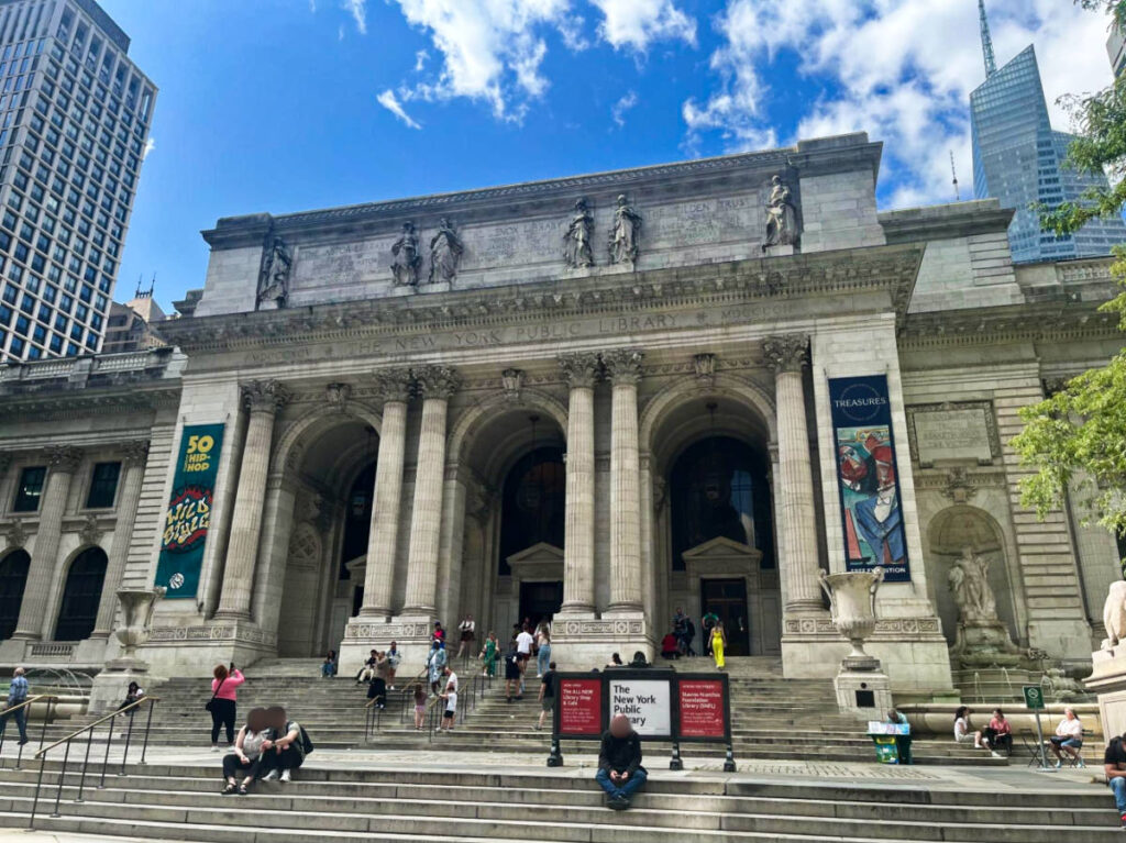 Exterior and entrance view of The New York Public Library